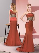 Cute Sleeveless Elastic Woven Satin Floor Length Side Zipper Prom Dresses in Rust Red with Pattern