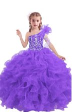 Gorgeous Floor Length Lilac Little Girls Pageant Dress One Shoulder Sleeveless Lace Up
