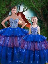  Blue Ball Gowns Beading and Ruffled Layers Quinceanera Gown Lace Up Organza Sleeveless Floor Length
