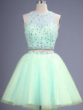  Sleeveless Tulle Knee Length Lace Up Damas Dress in Apple Green with Beading