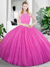 Flare Scoop Sleeveless 15 Quinceanera Dress Floor Length Lace and Ruching Fuchsia Organza