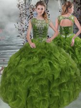  Olive Green Sweet 16 Dresses Military Ball and Sweet 16 and Quinceanera with Beading and Ruffles Scoop Sleeveless Lace Up