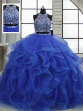  Ball Gowns 15 Quinceanera Dress Royal Blue Halter Top Organza Sleeveless Floor Length Lace Up