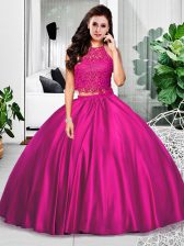 Adorable Fuchsia Two Pieces Taffeta Halter Top Sleeveless Lace and Ruching Floor Length Zipper Quinceanera Dress