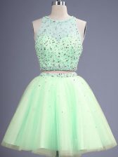 Exceptional Sleeveless Tulle Knee Length Lace Up Dama Dress for Quinceanera in Yellow Green with Beading