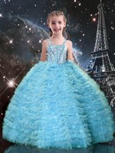  Straps Sleeveless Tulle Pageant Gowns For Girls Beading and Ruffled Layers Lace Up