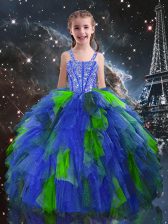  Blue Ball Gowns Beading and Ruffles Party Dress for Girls Lace Up Tulle Sleeveless Floor Length