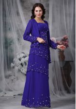 Fashion Blue Empire Straps Sleeveless Chiffon Floor Length Zipper Beading Evening Dress
