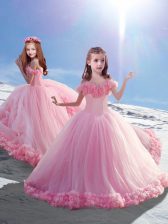 Perfect Baby Pink Lace Up Kids Formal Wear Hand Made Flower Sleeveless Court Train