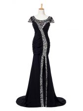  Black Cap Sleeves Elastic Woven Satin Brush Train Zipper Prom Dresses for Prom and Military Ball and Sweet 16