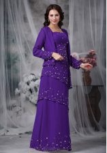 Beautiful Floor Length Eggplant Purple Prom Gown Chiffon Sleeveless Beading