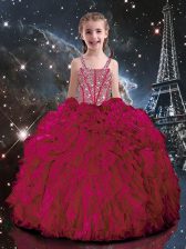 Sleeveless Organza Floor Length Lace Up Little Girl Pageant Dress in Hot Pink with Beading and Ruffles