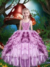  Lilac Straps Neckline Beading and Ruffles and Ruffled Layers Little Girls Pageant Dress Sleeveless Lace Up