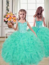 Affordable Turquoise Organza Lace Up Straps Sleeveless Floor Length Little Girl Pageant Gowns Beading and Ruffles