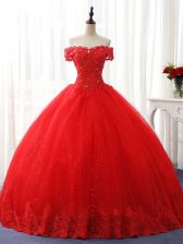 On Sale Red Lace Up Off The Shoulder Beading and Ruffles Vestidos de Quinceanera Tulle Sleeveless