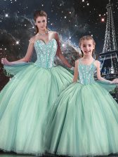 Perfect Turquoise Ball Gowns Sweetheart Sleeveless Tulle Floor Length Lace Up Beading Quince Ball Gowns