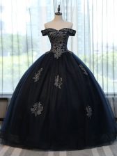  Tulle Off The Shoulder Sleeveless Lace Up Appliques Quinceanera Gown in Navy Blue