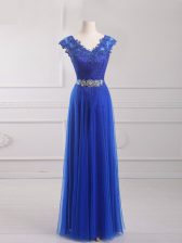 Clearance V-neck Short Sleeves Prom Evening Gown Floor Length Beading and Lace and Appliques and Belt Royal Blue Tulle