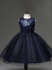 Cheap Navy Blue Ball Gowns Tulle Scoop Sleeveless Sequins and Hand Made Flower Knee Length Zipper Little Girls Pageant Dress