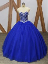  Sleeveless Tulle Floor Length Lace Up Ball Gown Prom Dress in Royal Blue with Beading