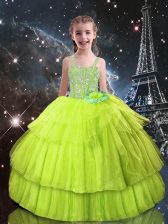  Yellow Green Straps Lace Up Beading and Ruffled Layers Girls Pageant Dresses Sleeveless
