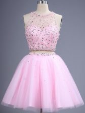 Captivating Scoop Sleeveless Court Dresses for Sweet 16 Knee Length Beading and Lace Pink Tulle