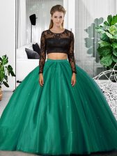  Dark Green Backless Quinceanera Dress Lace and Ruching Long Sleeves Floor Length