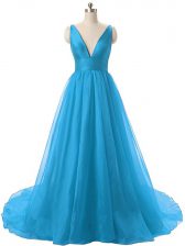 Custom Design Blue Sleeveless Ruching Backless Prom Gown