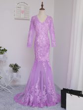 Dramatic Lace and Appliques Lilac Side Zipper Long Sleeves Brush Train