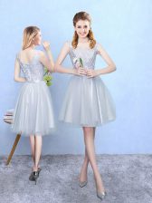 Glittering Silver Sleeveless Knee Length Lace Lace Up Damas Dress
