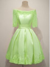 Stunning Yellow Green Half Sleeves Knee Length Lace Lace Up Court Dresses for Sweet 16