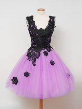 Affordable Lilac Quinceanera Dama Dress Prom and Party and Wedding Party with Appliques Straps Sleeveless Zipper