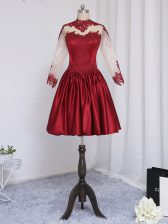 Customized Wine Red A-line Elastic Woven Satin High-neck Long Sleeves Beading and Appliques Mini Length Zipper Homecoming Dress