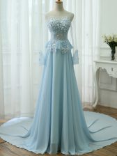 Fantastic Light Blue Chiffon Zipper Prom Evening Gown Long Sleeves Beading and Appliques