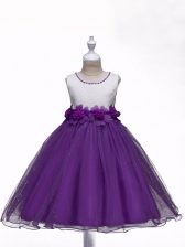 Fashionable Purple Sleeveless Knee Length Lace and Hand Made Flower Zipper Little Girls Pageant Dress