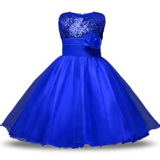Admirable Scoop Sleeveless Flower Girl Dresses Knee Length Belt and Hand Made Flower Royal Blue Organza and Sequined