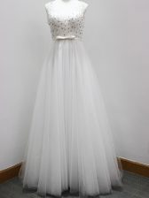  White A-line Beading and Belt Quinceanera Dama Dress Zipper Tulle Sleeveless