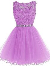 Luxurious Lilac Lace Up Scoop Beading and Lace and Appliques Prom Evening Gown Tulle Sleeveless
