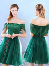 Best Selling Cap Sleeves Tulle Knee Length Lace Up Damas Dress in Olive Green with Lace