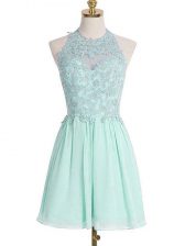 Beautiful Sleeveless Chiffon Knee Length Lace Up Vestidos de Damas in Apple Green with Appliques