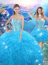 Pretty Baby Blue Ball Gowns Organza Sweetheart Sleeveless Beading and Ruffles Floor Length Lace Up 15th Birthday Dress