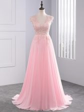 Colorful Sleeveless Lace and Appliques Side Zipper Prom Dress with Baby Pink Brush Train
