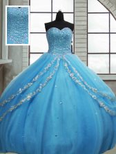 Nice Floor Length Baby Blue Vestidos de Quinceanera Tulle Sleeveless Beading and Appliques and Sequins
