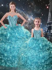 Affordable Aqua Blue Lace Up Sweetheart Beading and Ruffles 15 Quinceanera Dress Organza Sleeveless