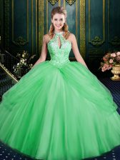  Green Ball Gowns Halter Top Sleeveless Tulle Floor Length Lace Up Beading and Pick Ups Quinceanera Gown