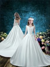  Taffeta V-neck 3 4 Length Sleeve Court Train Lace Up Lace and Bowknot Flower Girl Dress in White