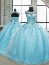 Shining Aqua Blue Lace Up Sweet 16 Dresses Beading Sleeveless Brush Train