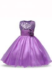 High Quality Ball Gowns Kids Pageant Dress Purple Scoop Organza Sleeveless Knee Length Zipper