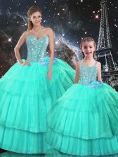  Sleeveless Floor Length Ruffled Layers Lace Up Sweet 16 Quinceanera Dress with Turquoise