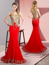 Custom Design Red Elastic Woven Satin Side Zipper Scoop Sleeveless Prom Gown Brush Train Beading and Appliques